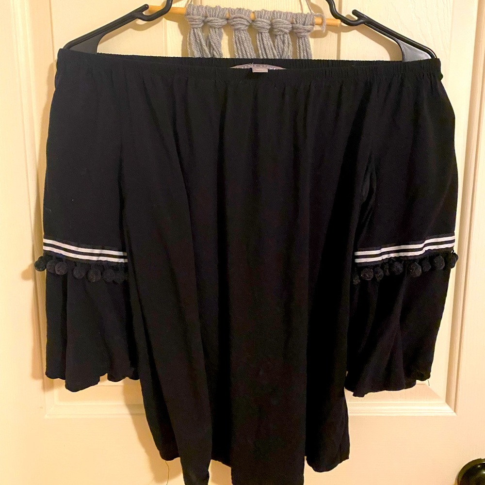 3/ $25 Sale | Cold Shoulder Black Blouse with Pom poms